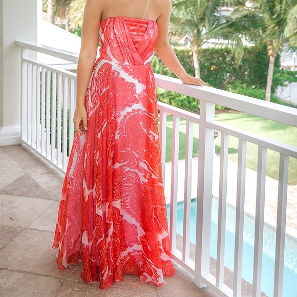 Milly Monica Silk Chiffon Strapless Paisley Maxi Dress Poppy Orange - Picture 6 of 10